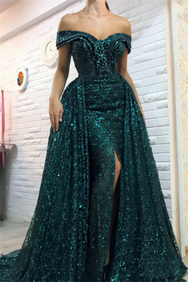 Wanna Prom Dresses, Evening Dresses in Column style,  and delicate Sequined work? stylesnuggle has all covered on this elegant Dark Green Off-the-Shoulder Sparkle Long Evening Dresses Sheath Chic High Split Overskirt Prom Dresses yet cheap price.