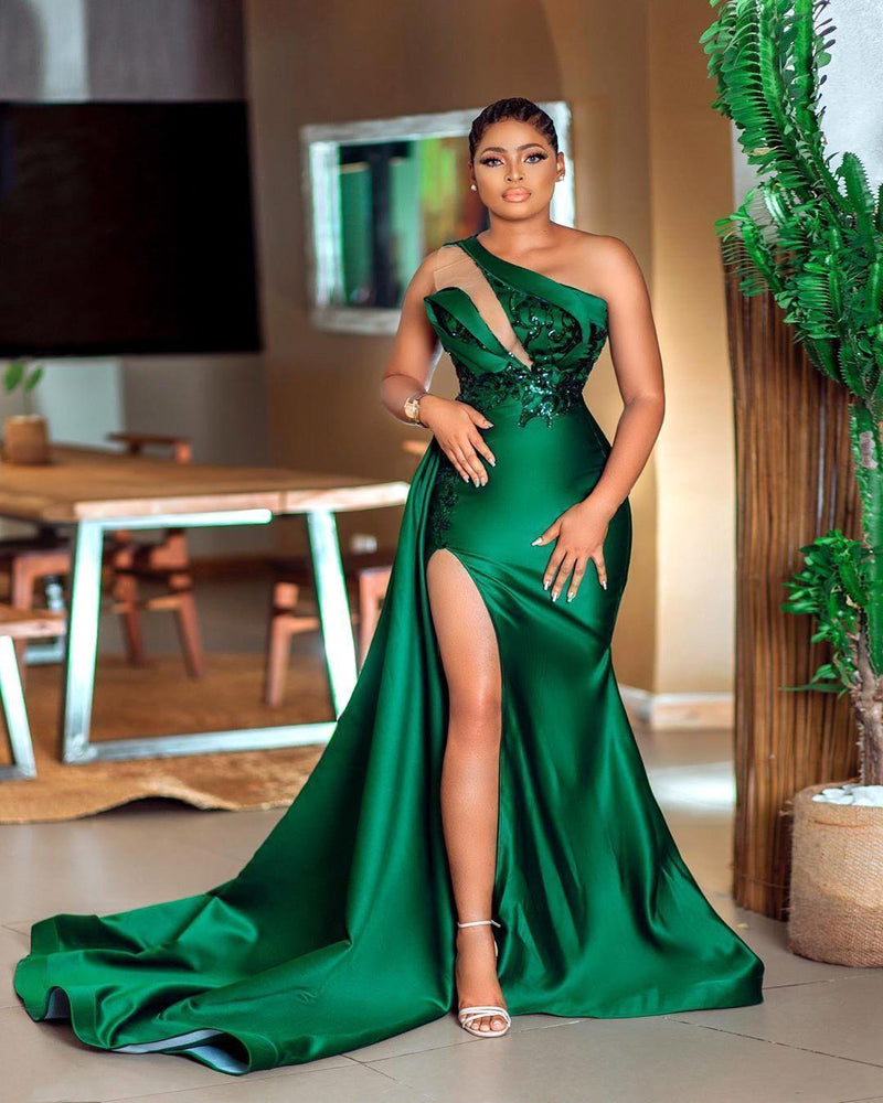 Dark green Plunging V neck One shoulder High split Mermaid Prom Dress-stylesnuggle