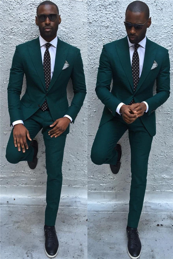 Dark Green Slim Fit Formal Mens Business Suit Classy Peaked Laple Prom Suits