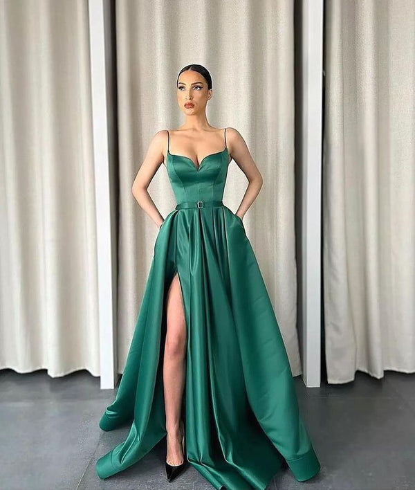 Dark Green Spaghetti-Strapes Slit Evening Dress Long With Pockets-stylesnuggle