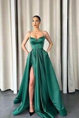 Dark Green Spaghetti-Strapes Slit Evening Dress Long With Pockets-stylesnuggle