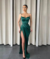 Dark Green Spaghetti-Straps Mermaid Prom Dress Long With Slit-stylesnuggle