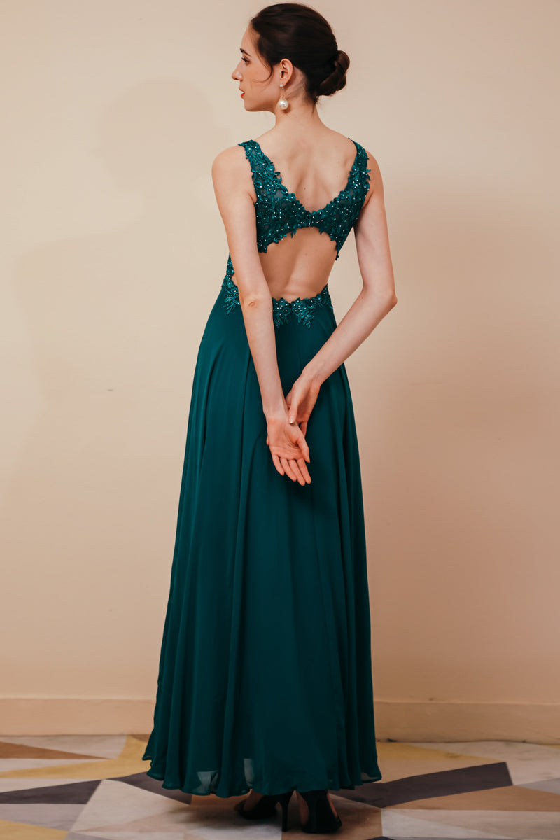 Dark Green V-neck Open-back Sleeveless Lace Evening Dress-stylesnuggle