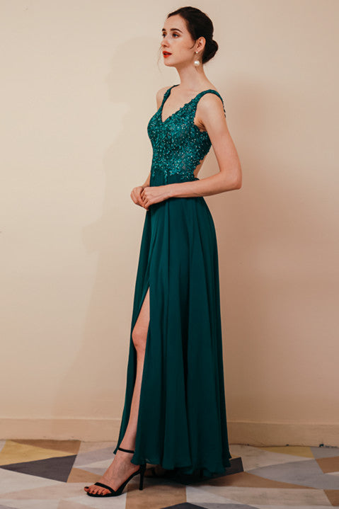 Dark Green V-neck Open-back Sleeveless Lace Evening Dress-stylesnuggle