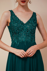 Dark Green V-neck Open-back Sleeveless Lace Evening Dress-stylesnuggle