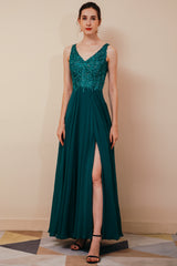 Dark Green V-neck Open-back Sleeveless Lace Evening Dress-stylesnuggle