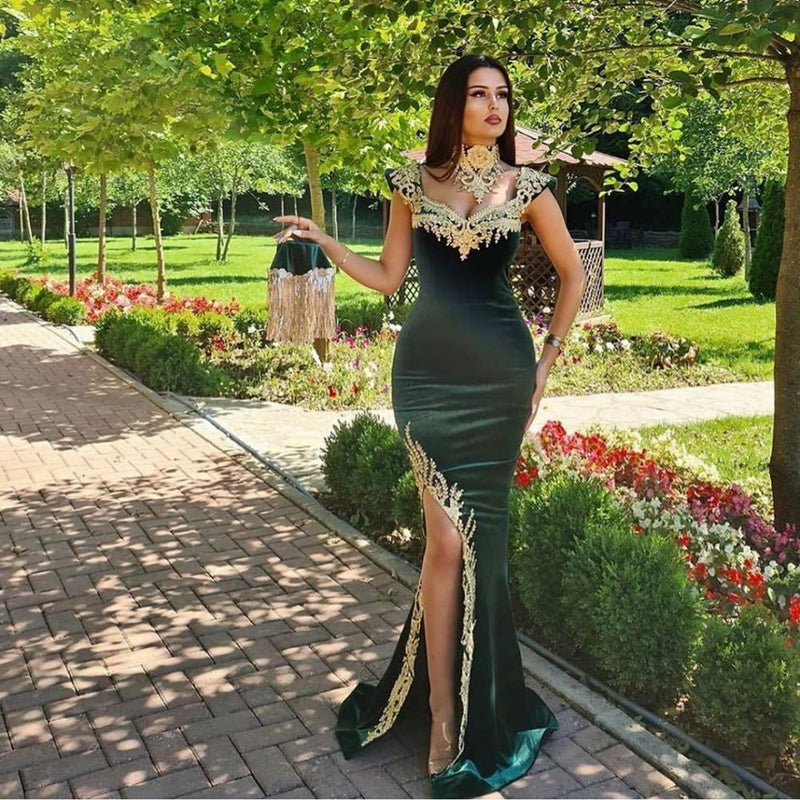 Looking for Dark Green Velvet Mermaid Evening Dress with Gold Lace appliques at affordable prices? stylesnuggle has all covered with the Dark Green Velvet Mermaid Evening Dress with Gold Lace appliques.