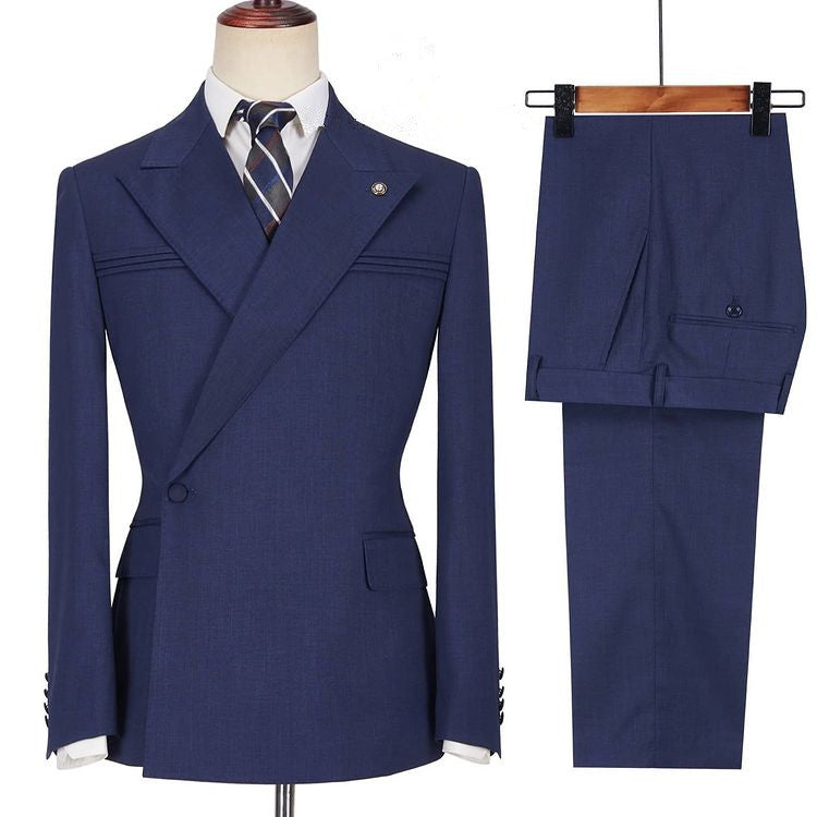 Dark Navy Bespoke Peaked Lapel Ruffles Men Suits-stylesnuggle