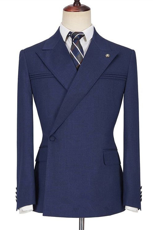 Dark Navy Bespoke Peaked Lapel Ruffles Men Suits