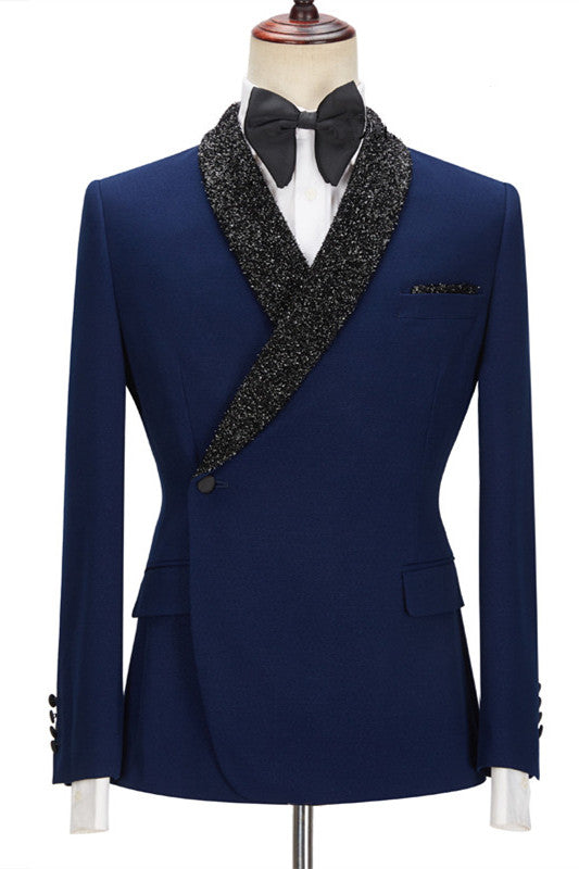 Dark Navy Bespoke Slim Fit Men Suits with Black Lapel