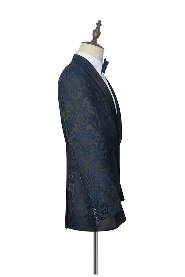 Dark Navy Jacquard Prom Suits Black Silk Peak Lapel Mens Suits for Weddings-stylesnuggle