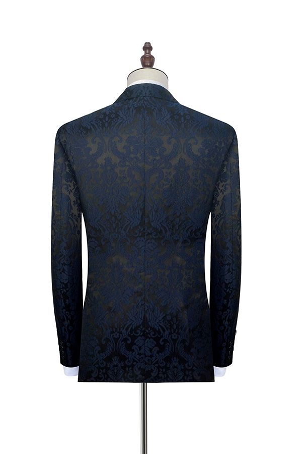 Dark Navy Jacquard Prom Suits Black Silk Peak Lapel Mens Suits for Weddings-stylesnuggle