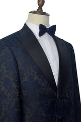 Dark Navy Jacquard Prom Suits Black Silk Peak Lapel Mens Suits for Weddings-stylesnuggle