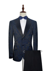 Dark Navy Jacquard Prom Suits Black Silk Peak Lapel Mens Suits for Weddings