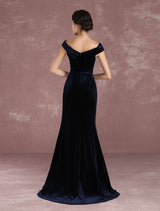 Mermaid Celebrity Dresses Velvet Off The Shoulder Evening Dress Dark Navy Slit Party Dress With Train Inspired By Taraji P. Henson At Oscar Milanoo