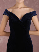 Mermaid Celebrity Dresses Velvet Off The Shoulder Evening Dress Dark Navy Slit Party Dress With Train Inspired By Taraji P. Henson At Oscar Milanoo