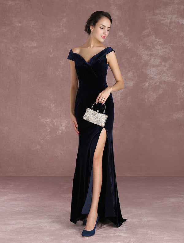 Mermaid Celebrity Dresses Velvet Off The Shoulder Evening Dress Dark Navy Slit Party Dress With Train Inspired By Taraji P. Henson At Oscar Milanoo