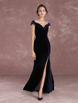 Mermaid Celebrity Dresses Velvet Off The Shoulder Evening Dress Dark Navy Slit Party Dress With Train Inspired By Taraji P. Henson At Oscar Milanoo