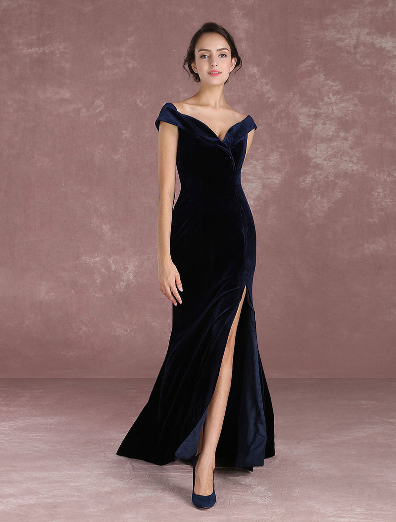 Mermaid Celebrity Dresses Velvet Off The Shoulder Evening Dress Dark Navy Slit Party Dress With Train Inspired By Taraji P. Henson At Oscar Milanoo