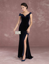 Mermaid Celebrity Dresses Velvet Off The Shoulder Evening Dress Dark Navy Slit Party Dress With Train Inspired By Taraji P. Henson At Oscar Milanoo