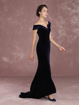 Mermaid Celebrity Dresses Velvet Off The Shoulder Evening Dress Dark Navy Slit Party Dress With Train Inspired By Taraji P. Henson At Oscar Milanoo