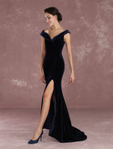 Mermaid Celebrity Dresses Velvet Off The Shoulder Evening Dress Dark Navy Slit Party Dress With Train Inspired By Taraji P. Henson At Oscar Milanoo