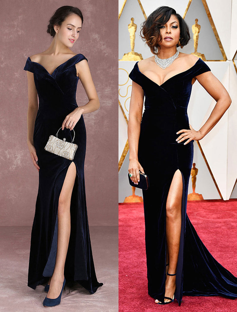 Mermaid Celebrity Dresses Velvet Off The Shoulder Evening Dress Dark Navy Slit Party Dress With Train Inspired By Taraji P. Henson At Oscar Milanoo