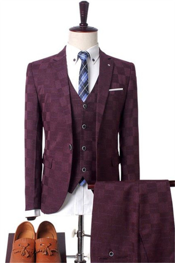 Dark Red Plaid Men's Business Suitss Men's Prom Suits with 3 Pieces