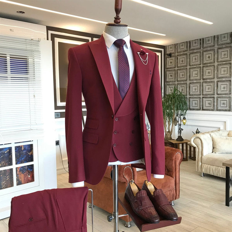 Dark Red Three Pieces Peaked Lapel Men Suits-stylesnuggle