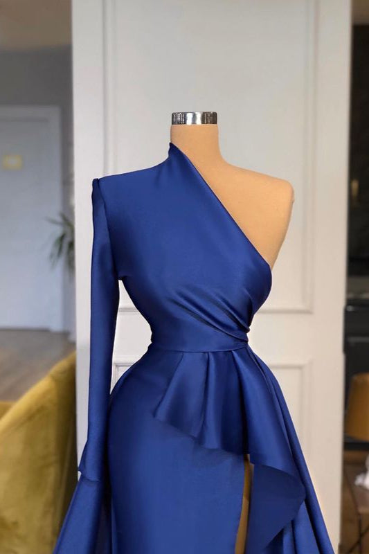 Dark Royal Blue One shoulder Ruffles Side-cut Overskirt Prom Dress-stylesnuggle