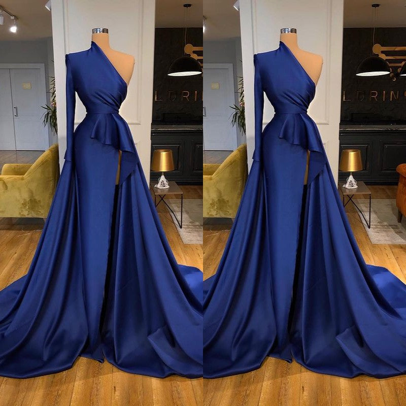 Dark Royal Blue One shoulder Ruffles Side-cut Overskirt Prom Dress-stylesnuggle