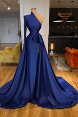 Dark Royal Blue One shoulder Ruffles Side-cut Overskirt Prom Dress-stylesnuggle