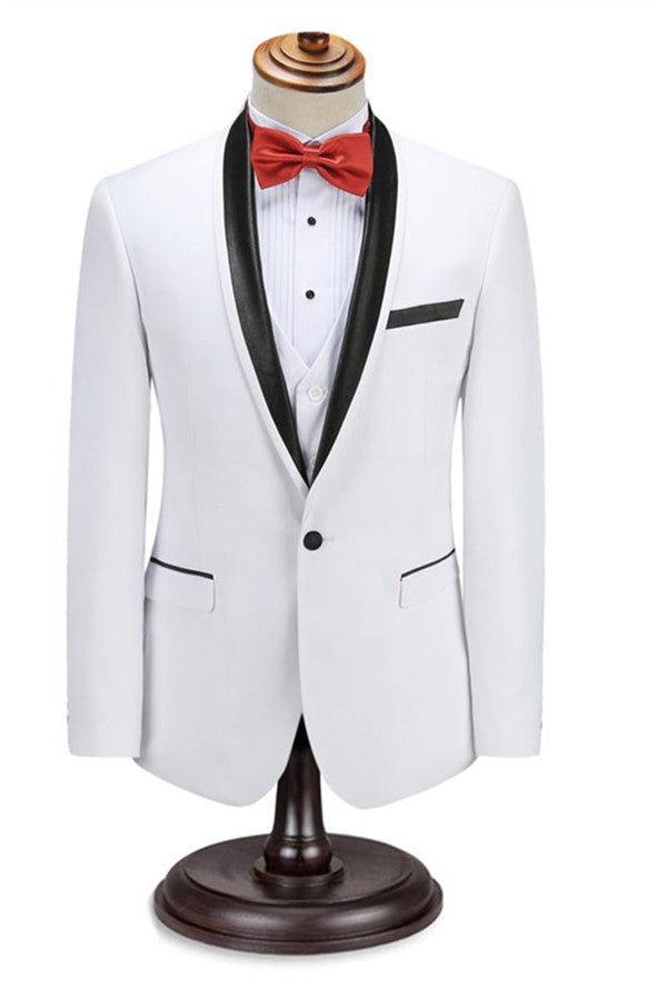 stylesnuggle made this Decent Men Two Piece Wedding Groom Suits, Slim Fit Shawl White Tuxedo with rush order service. Discover the design of this White Solid Shawl Lapel Single Breasted mens suits cheap for prom, wedding or formal business occasion.