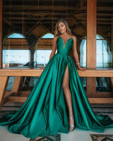 stylesnuggle offers Deep Double V-neck Evening Maxi Dress Satin Front Split Party Gowns at a good price. It features elastic Silk-like Satin and Floor-length hem. Check our Gorgeous yet affordable Sleeveless Prom Dresses collections.