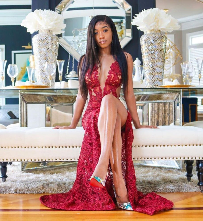 stylesnuggle offers Deep V-Neck Red Prom Party GownsFloral Lace Appliques Split Front Party Dress at a good price from Lace to Mermaid Floor-length hem. Gorgeous yet affordable Sleeveless Prom Dresses, Evening Dresses.