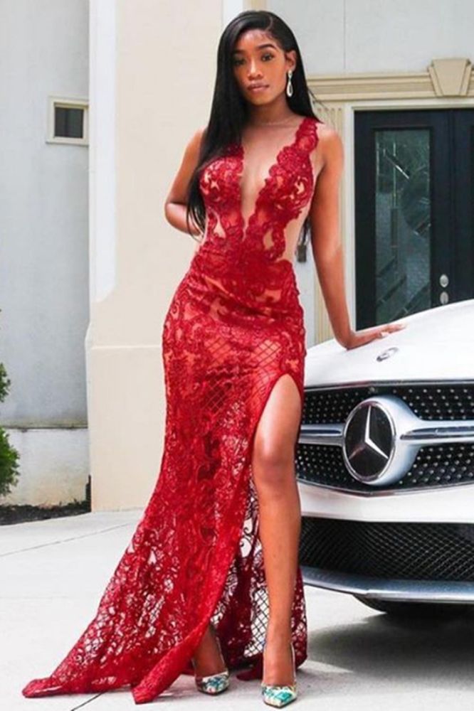 stylesnuggle offers Deep V-Neck Red Prom Party GownsFloral Lace Appliques Split Front Party Dress at a good price from Lace to Mermaid Floor-length hem. Gorgeous yet affordable Sleeveless Prom Dresses, Evening Dresses.