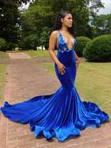 Deep V-neck Royal Blue SPAGHETTI STRAPS Mermaid Flowers Prom Dresses-stylesnuggle