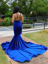 Deep V-neck Royal Blue SPAGHETTI STRAPS Mermaid Flowers Prom Dresses-stylesnuggle