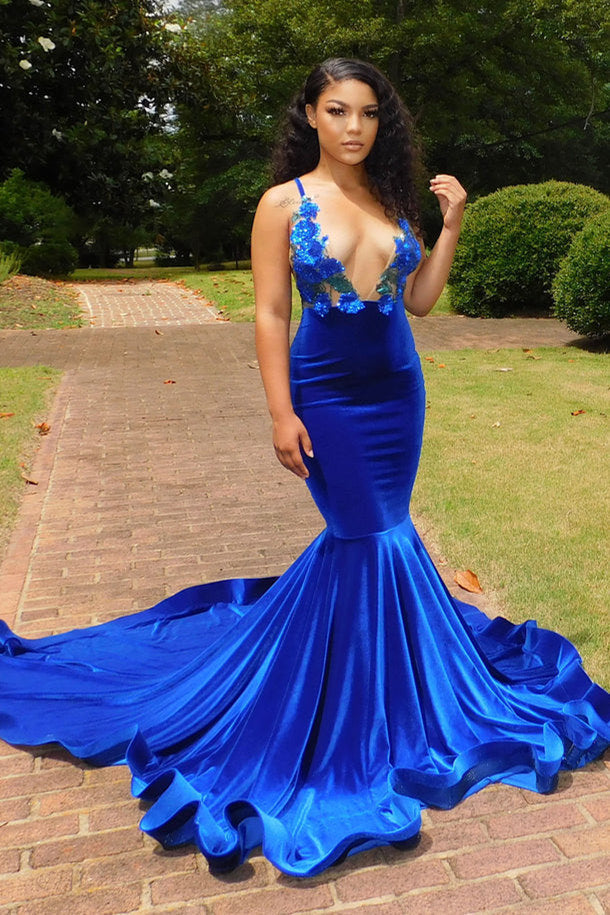 Deep V-neck Royal Blue SPAGHETTI STRAPS Mermaid Flowers Prom Dresses-stylesnuggle