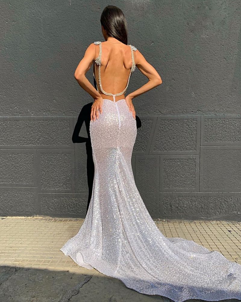 stylesnuggle offers Deep V-neck Sparkling Sequins Beading Chic Evening Gowns Backless Mermaid Sleeveless Prom Dresses With Court Train On Sale at an affordable price from Sequined to Mermaid Floor-length skirts. Shop for gorgeous Sleeveless Prom Dresses, Evening Dresses collections for special events.