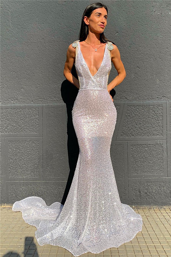 stylesnuggle offers Deep V-neck Sparkling Sequins Beading Chic Evening Gowns Backless Mermaid Sleeveless Prom Dresses With Court Train On Sale at an affordable price from Sequined to Mermaid Floor-length skirts. Shop for gorgeous Sleeveless Prom Dresses, Evening Dresses collections for special events.