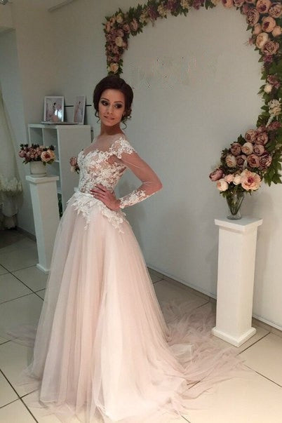 stylesnuggle offers Delicate Lace Appliques Tulle Long-Sleeve A-line Sweep-Train Bridal Dress at factory price ,all made in high quality, fast delivery worldwide.