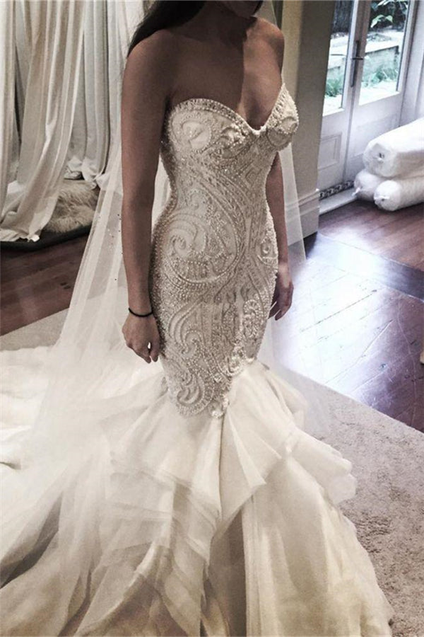 Delicate Mermaid Lace Rufflesd Wedding Dress Spaghetti Strap Bridal Gown-stylesnuggle