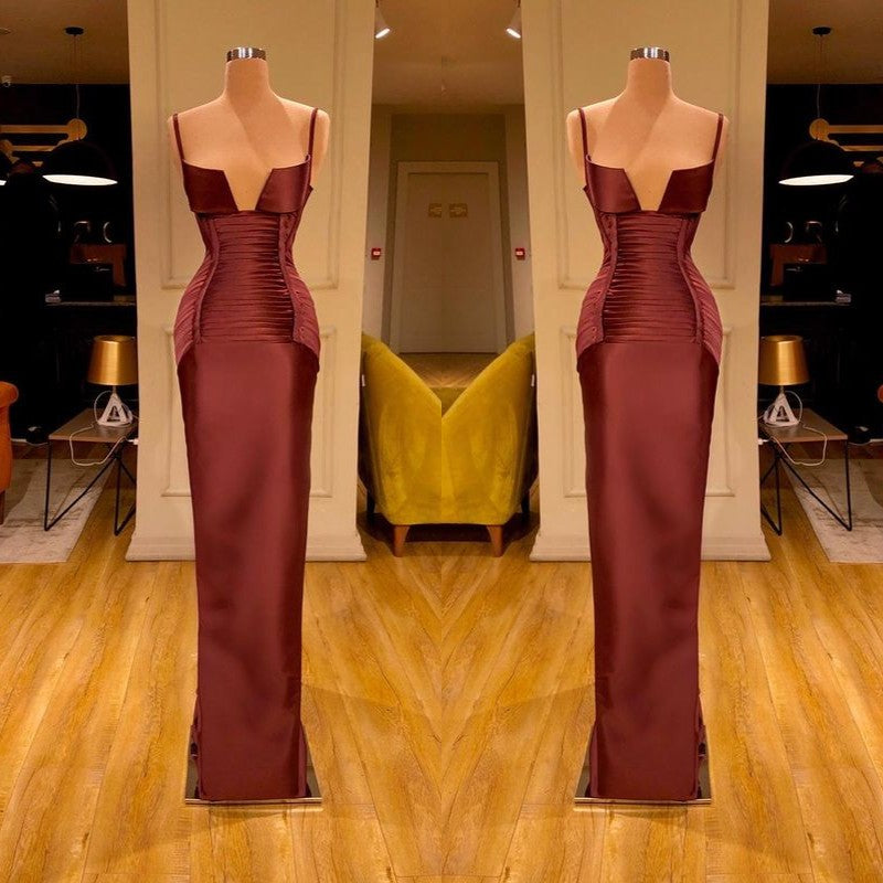 Designer Burgundy Spaghetti-Straps Mermaid Prom Dress Long With Ruched-stylesnuggle