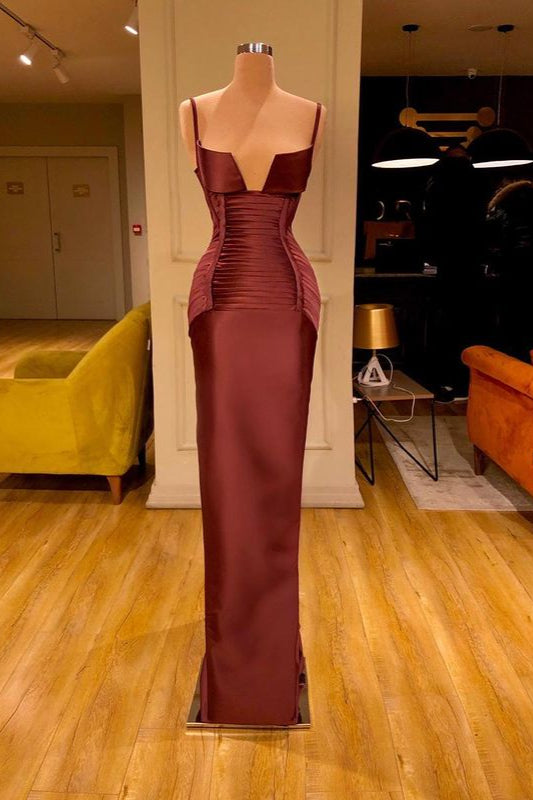 Designer Burgundy Spaghetti-Straps Mermaid Prom Dress Long With Ruched-stylesnuggle