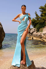 Designer Long Blue One Shoulder Sleeveless High Split Prom Dress With Stones