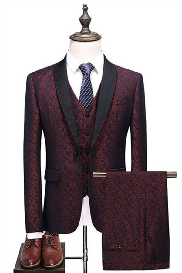 Designer Men's Suits Burgundy Check Design Prom Suits Three Pieces One Button Formal Tuxedos