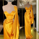 Designer Yellow Gold One Shoulder Long Evening Prom Dress With Ruffles-stylesnuggle