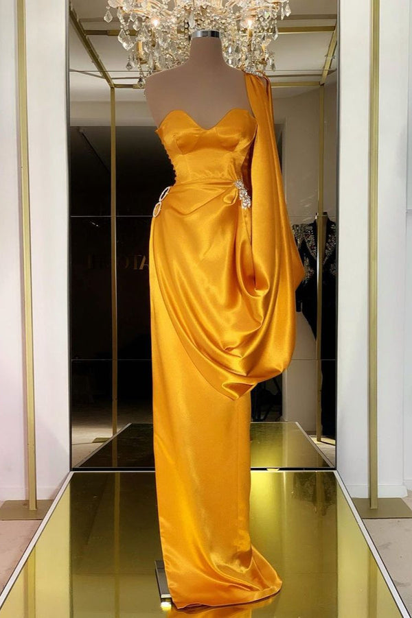 Designer Yellow Gold One Shoulder Long Evening Prom Dress With Ruffles-stylesnuggle