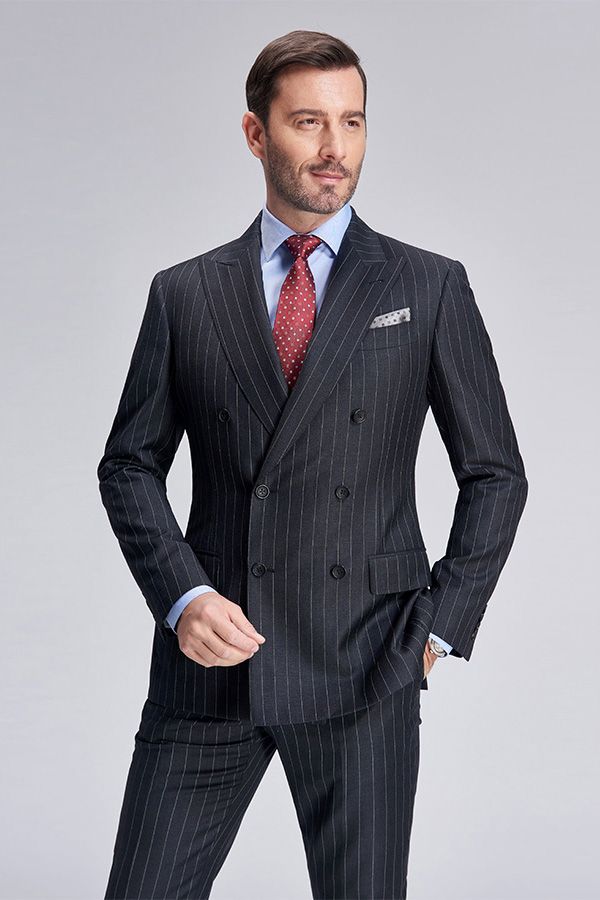 This Double Breasted Mens Suits, Stripes Dark Grey Suits for Men at stylesnuggle comes in all sizes for prom, wedding and business. Shop an amazing selection of Peaked Lapel Double Breasted Black mens suits in cheap price.